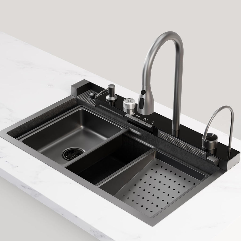 Digital Display Embossed Stainless Steel Nano Black Waterfall Large Single Groove Kithchen Sink with Pressurized Cup Washer