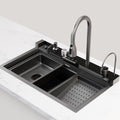 Digital Display Embossed Stainless Steel Nano Black Waterfall Large Single Groove Kithchen Sink with Pressurized Cup Washer