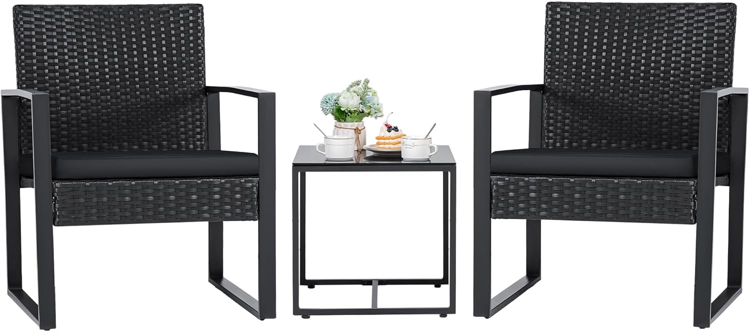 Flamaker 3 Pieces Outdoor Patio Wicker Furniture Set, Modern Rattan Chair Conversation Sets with Coffee Table for Yard and Bistro (Black)