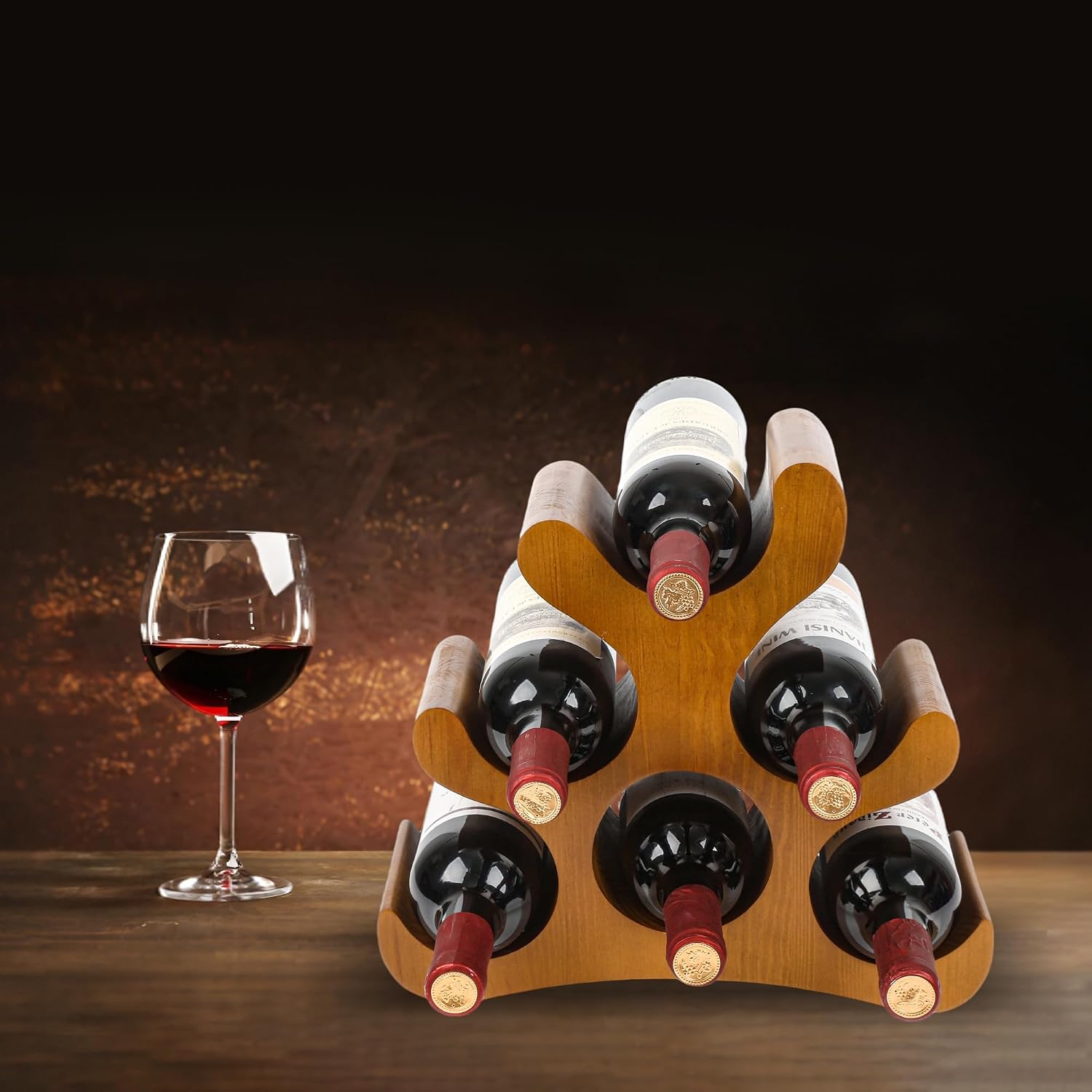 Countertop Wine Rack - 6 Bottle Wooden Wine Rack - Freestanding Wine Bottle Holder Stand - Wine