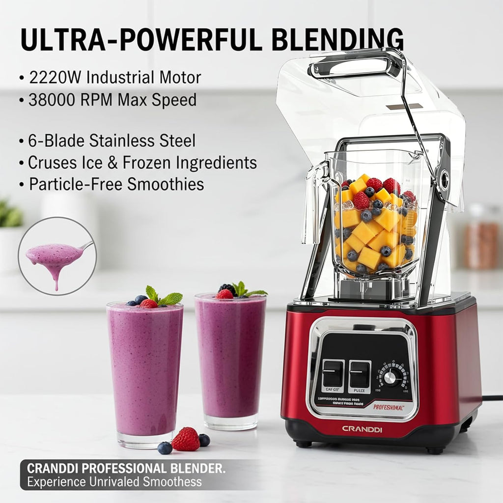 Commercial Blender, 2200W Countertop Blenders with Removable Shield, Quiet Smoothie Blender for Shakes and Ice Crushing