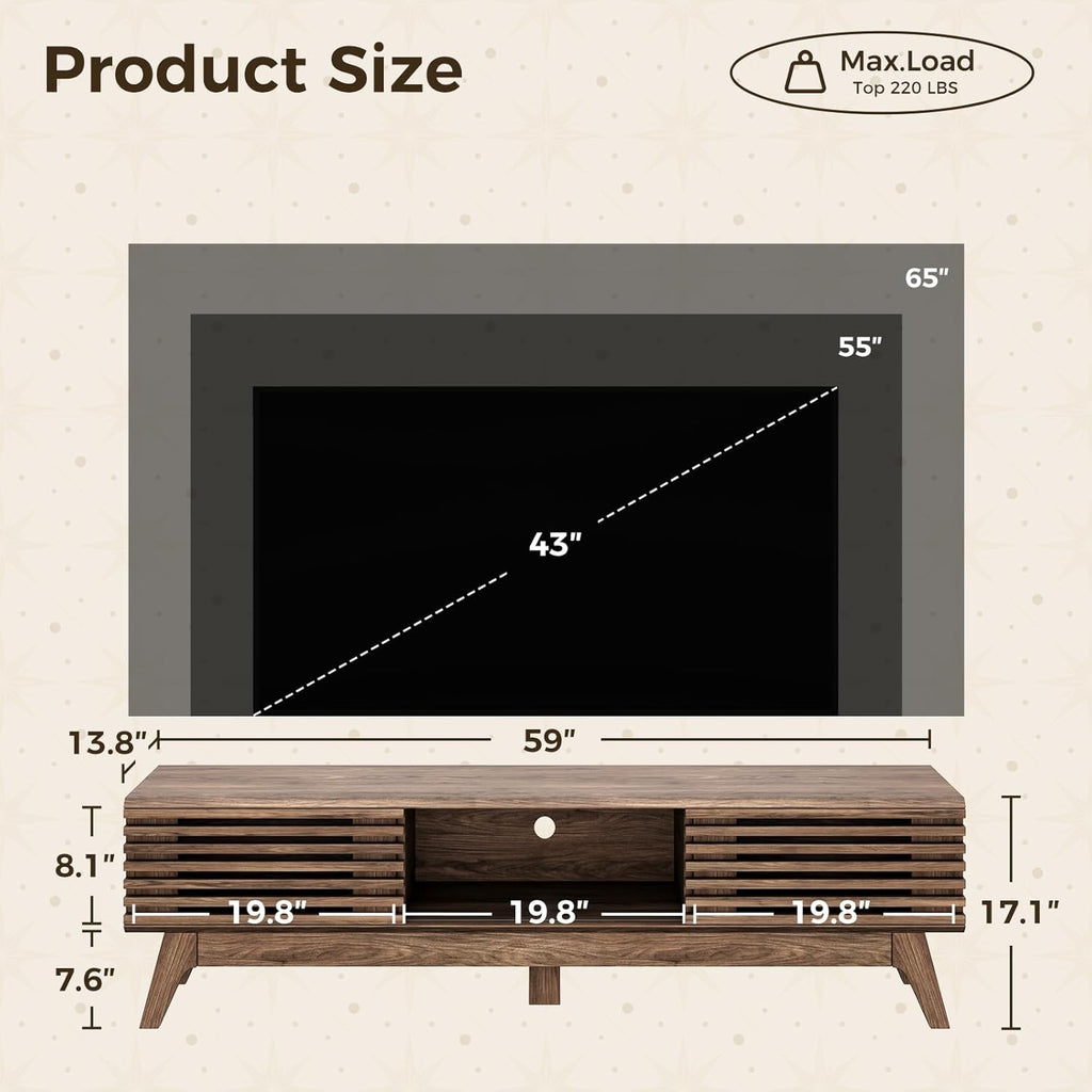 AODK 59" TV Stand for 55"/60"/65" TVs, Mid-Century Modern Fluted