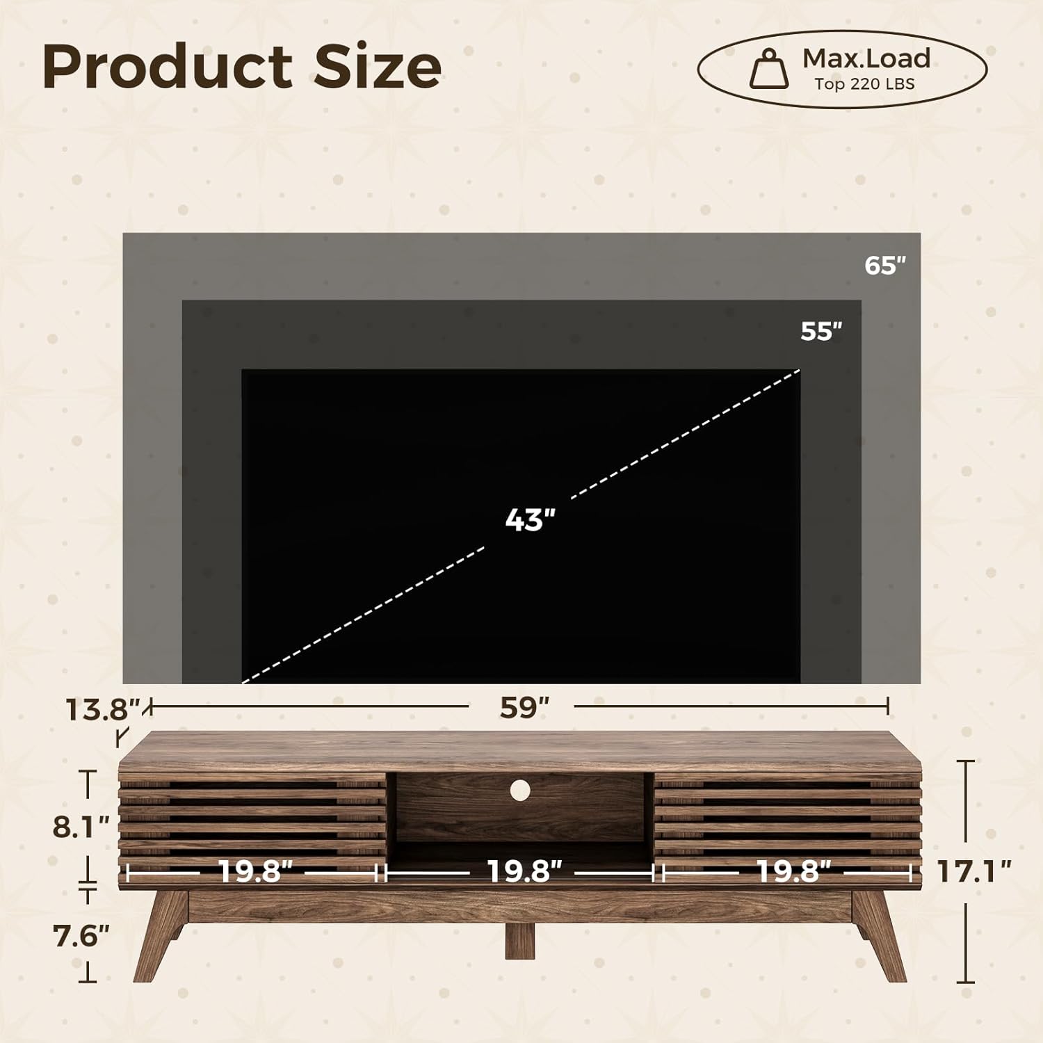 AODK 59" TV Stand for 55"/60"/65" TVs, Mid-Century Modern Fluted