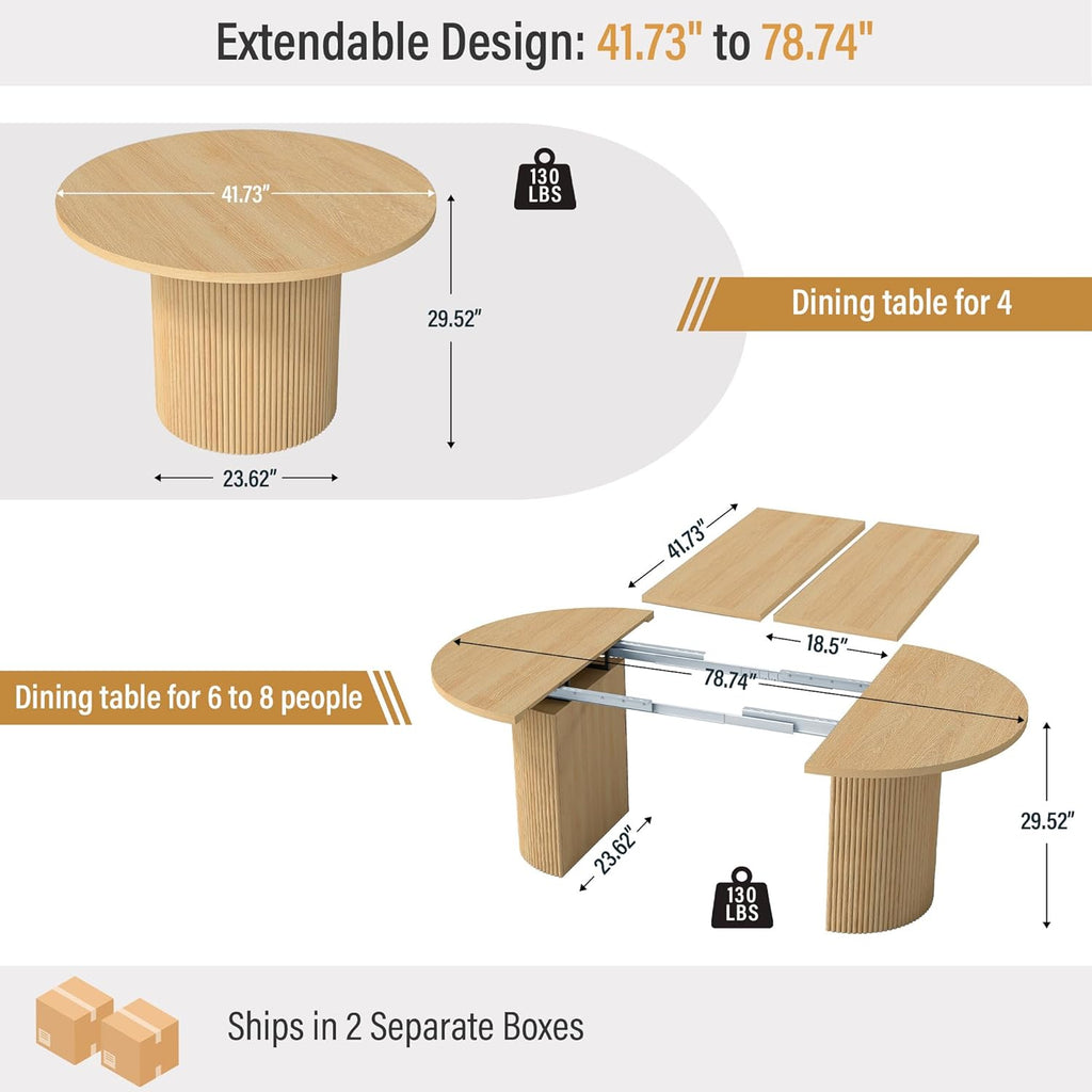 41 in-78 in Extendable Dining Room Table for 4-8, Round Expandable Kitchen Table with Fluted Base