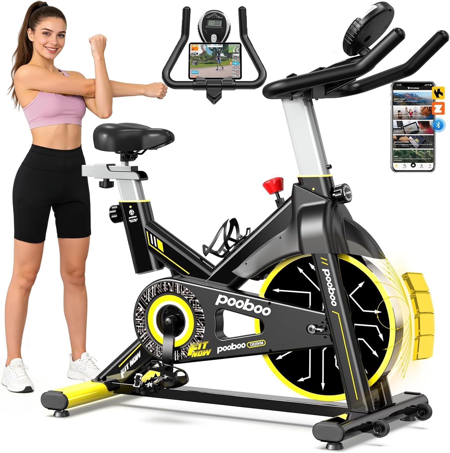 pooboo Exercise Bike, Brake Pad Stationary Bike for Home with Exclusive App