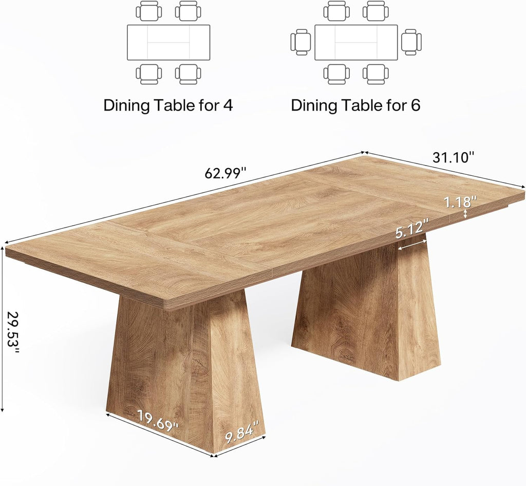 LITTLE TREE Dining Table for 6 People, Wooden Table, Rectangle Furniture with Heavy Duty Legs