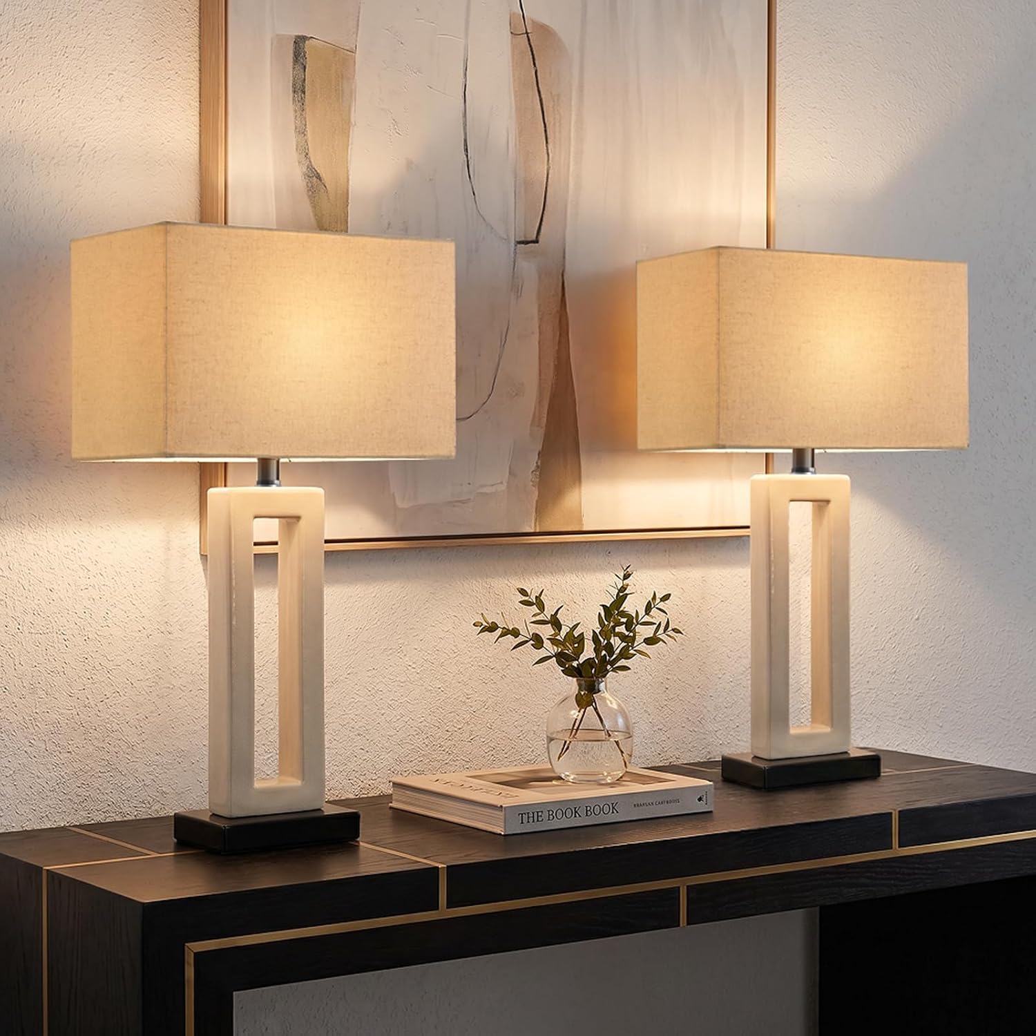 22" Modern Ceramic Table Lamps Set of 2, Cream Crackle Glaze Hollow Bedside Lamps