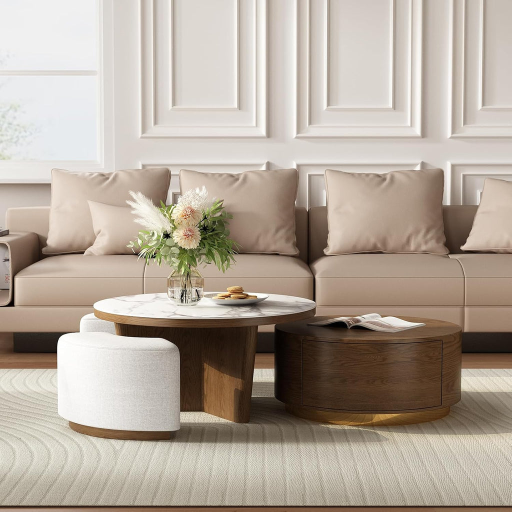 Lartis Coffee Table Set 2 - Walnut Coffee Table with Drawer and Stools - Sintered Stone Tabletop Modern