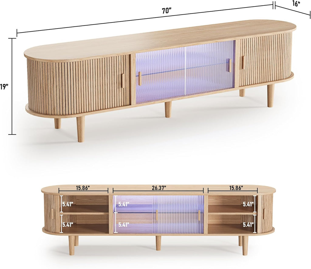 70" Fluted TV Stand with LED Lights for TVs up to 75 Inch, Mid Century