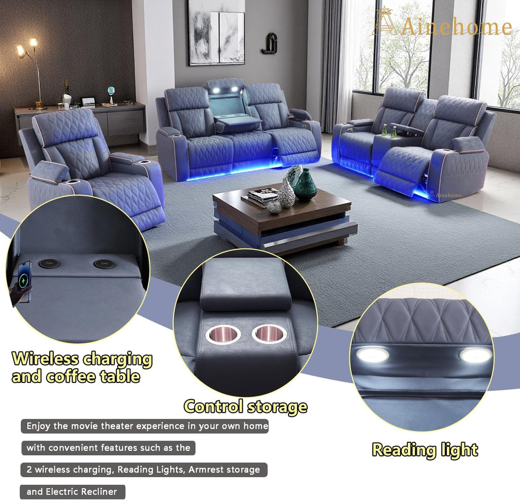A Ainehome Sanded Leather Power Recliner Sofa Set with LED, 3 Pieces Living Room Furniture Sets