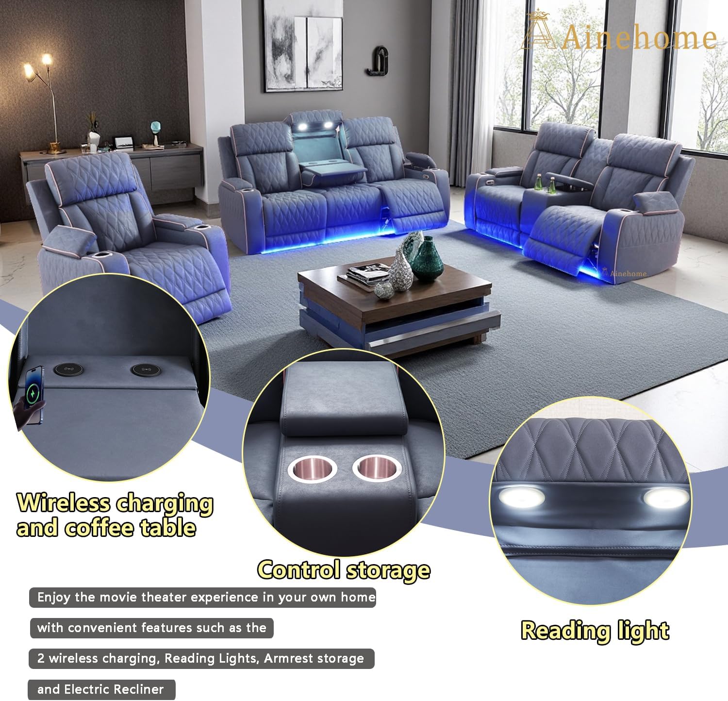 A Ainehome Sanded Leather Power Recliner Sofa Set with LED, 3 Pieces Living Room Furniture Sets