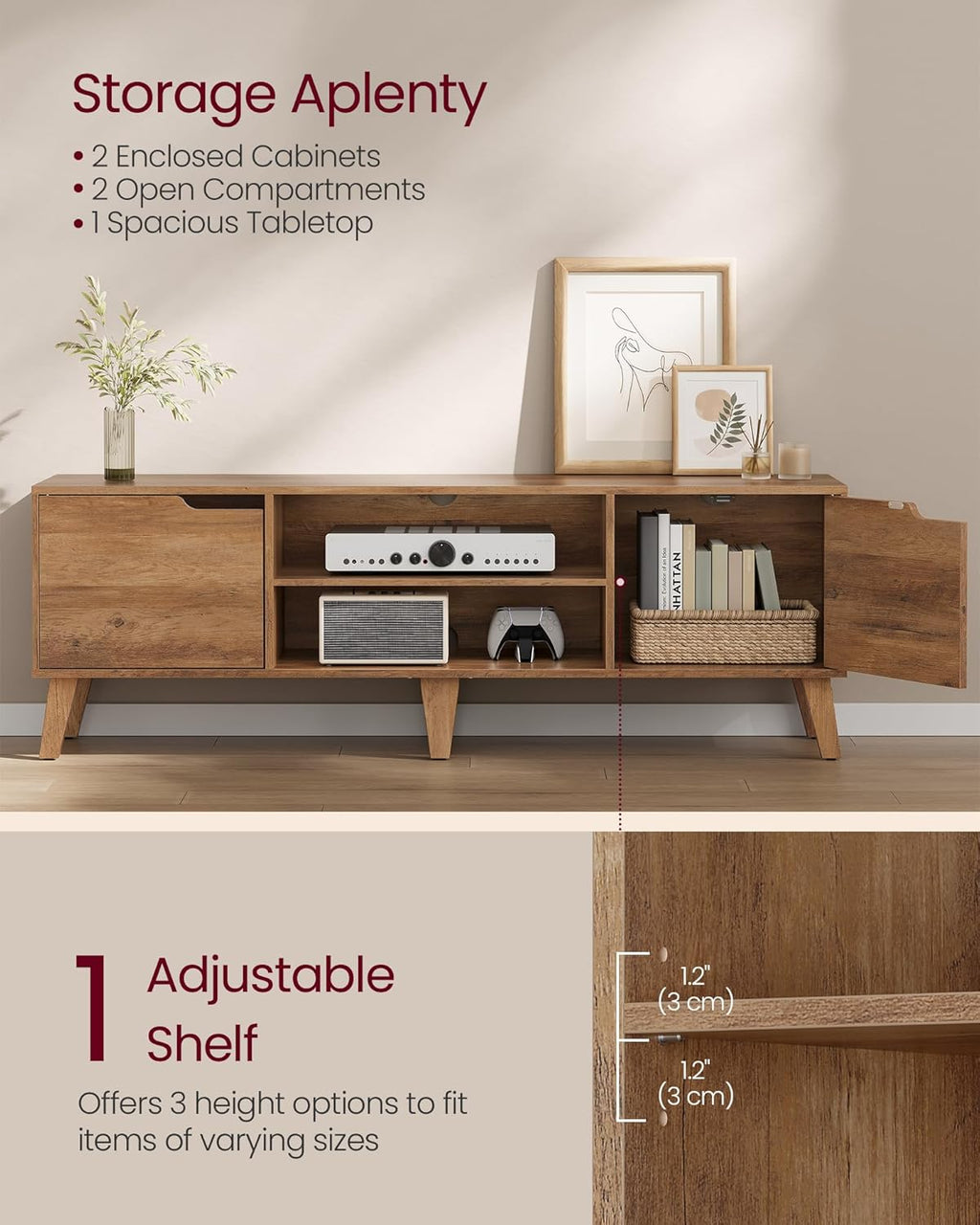VASAGLE TV Stand for 65-Inch TVs, Entertainment Center with Adjustable Shelf, 58-Inch Long