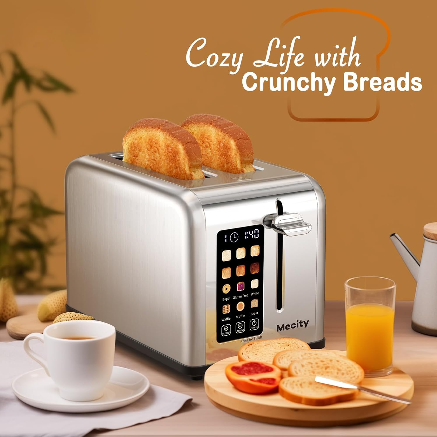 Mecity 2 Slice Toaster Touch Screen 1.5" Wide Slot, Stainless Steel