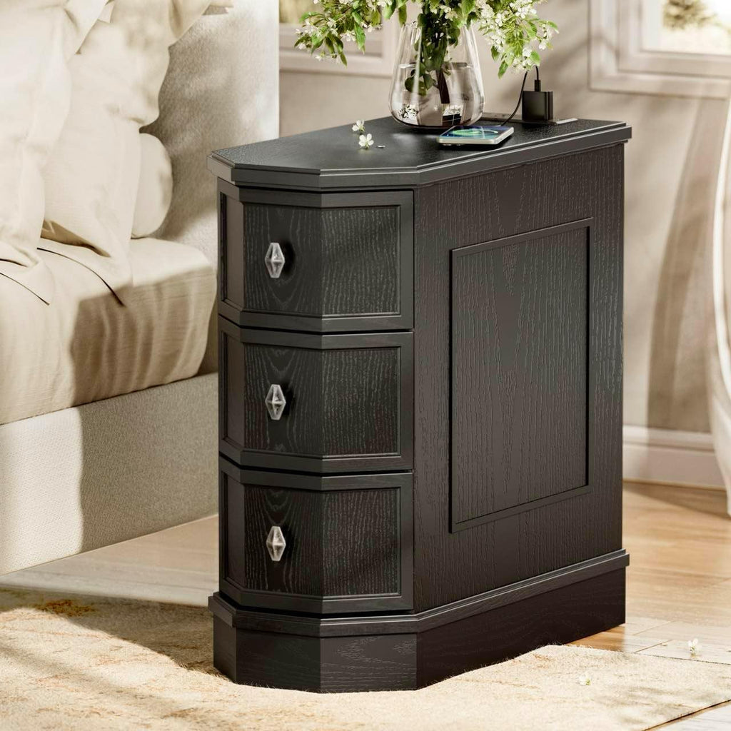 Nightstand with Charging Station, Vintage Wood End Table with 3 Drawer, Victoria Narrow Side Table