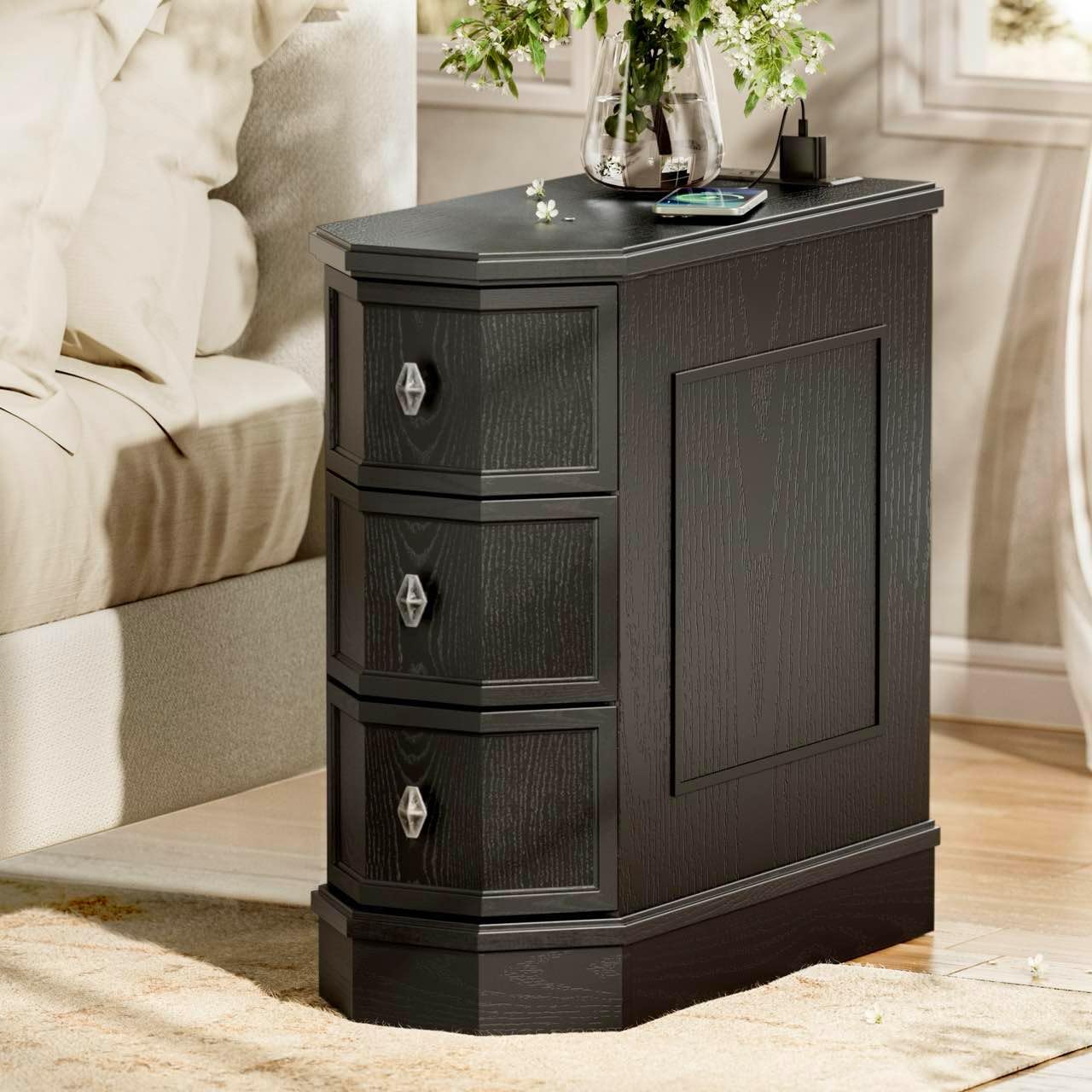 Nightstand with Charging Station, Vintage Wood End Table with 3 Drawer, Victoria Narrow Side Table