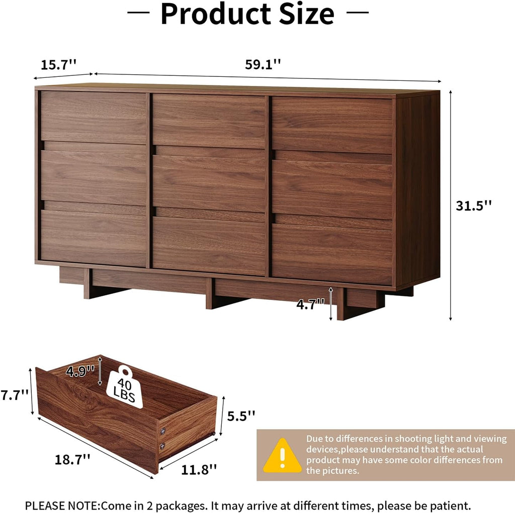 Walnut Dresser for Bedroom, 59" Wide 9 Drawer Dresser, Mid Century Modern