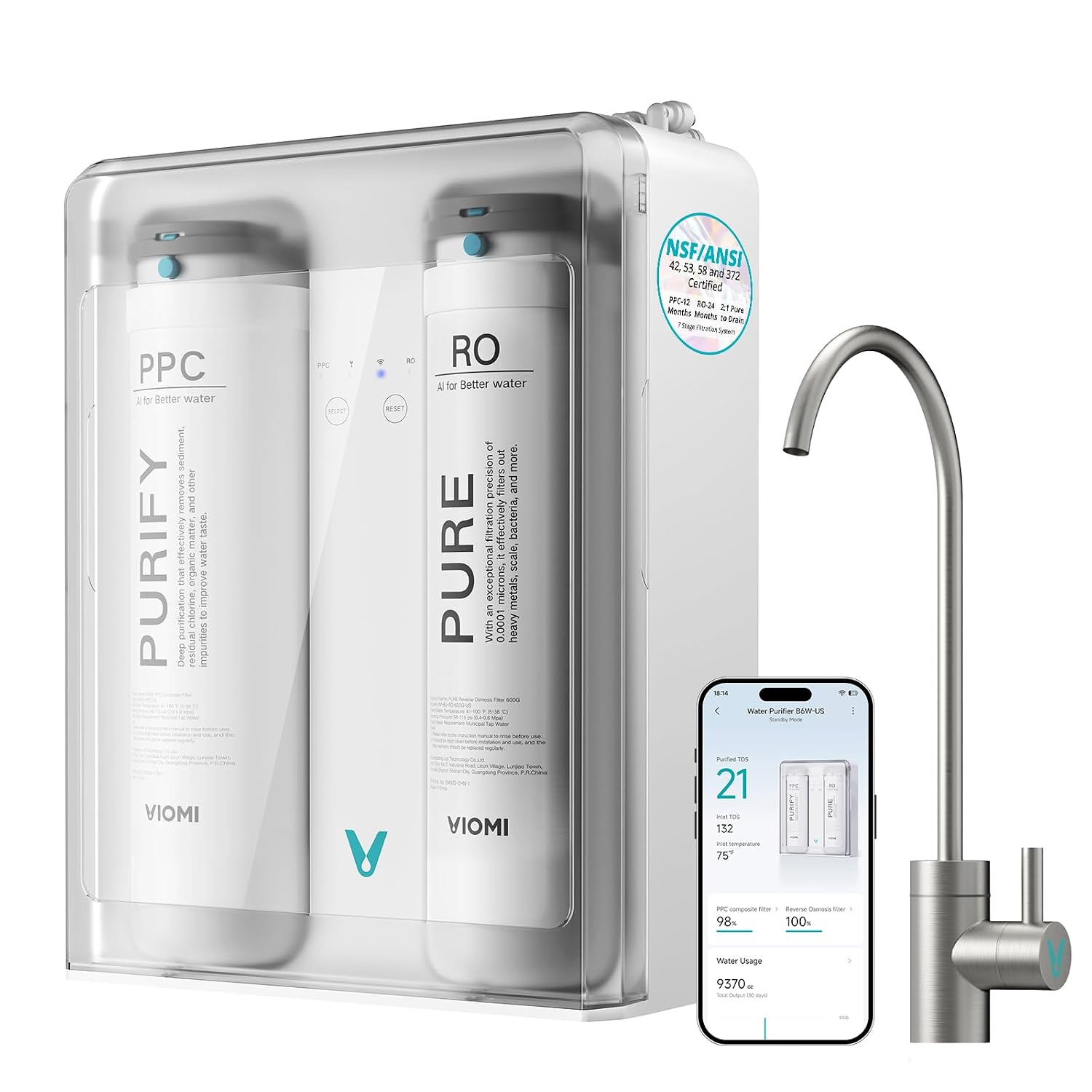 VIOMI Pure B6W 600 GPD Reverse Osmosis System, TDS Reduction, 7-Stage Tankless RO System