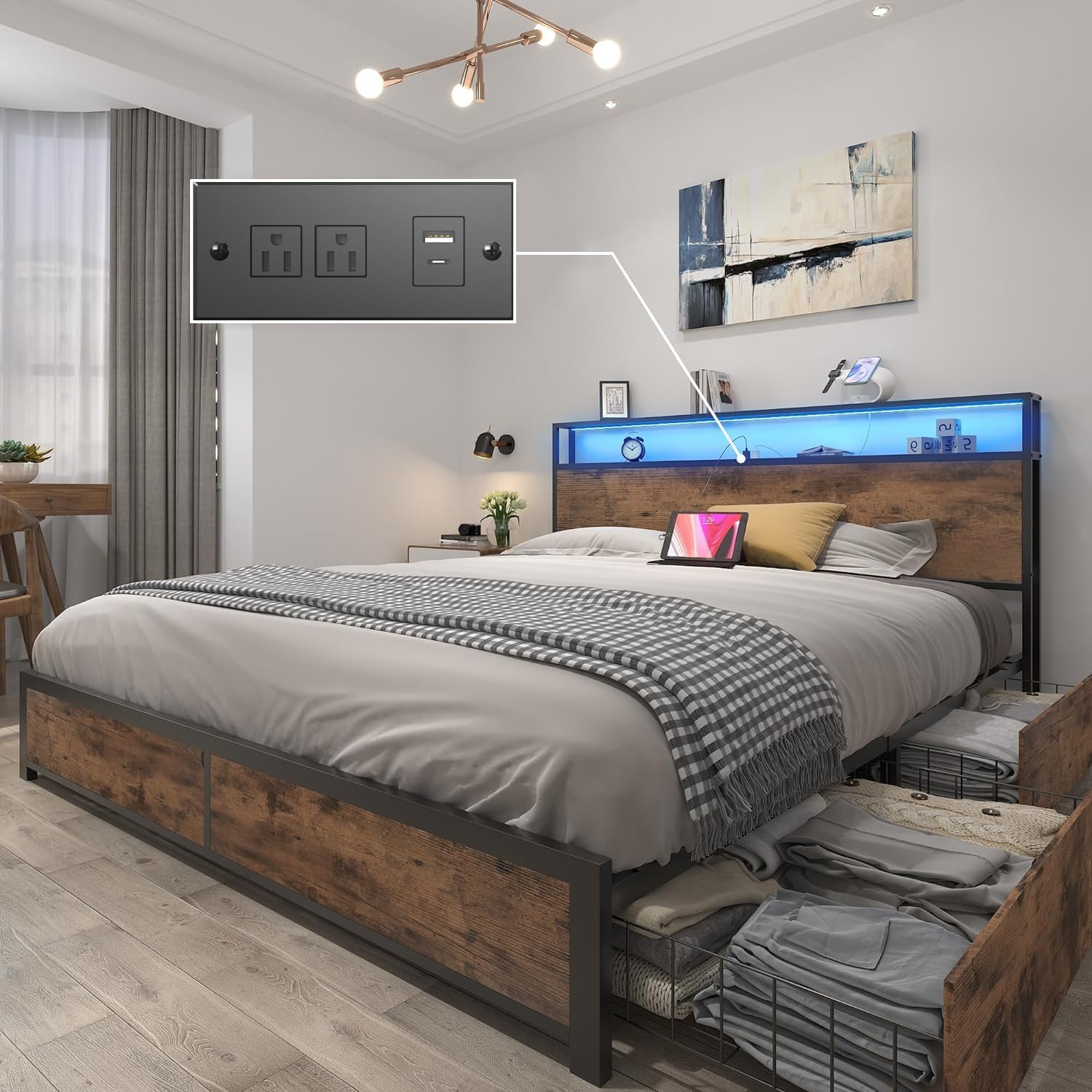 Lifezone Queen Bed Frame with 2-Tier Storage Headboard