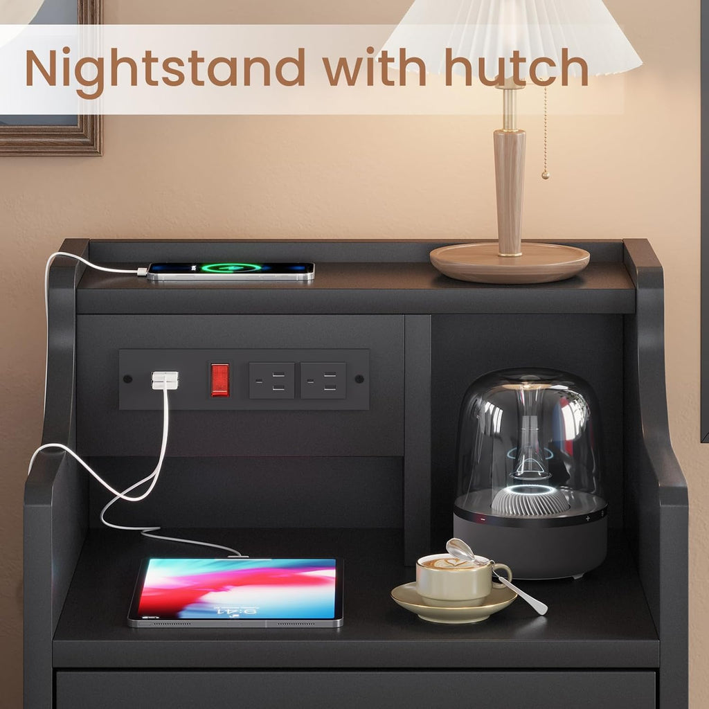 ADORNEVE Nightstand with Charging Station,Black Night Stand for Bedroom