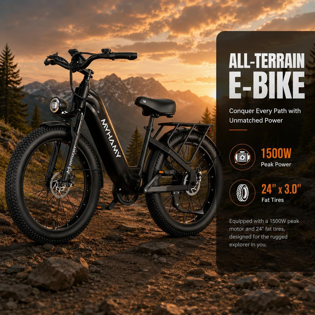 24" Fat Tire Electric Bike 48V 18Ah Adult Ebike | 100Nm torque climbs 25% hills