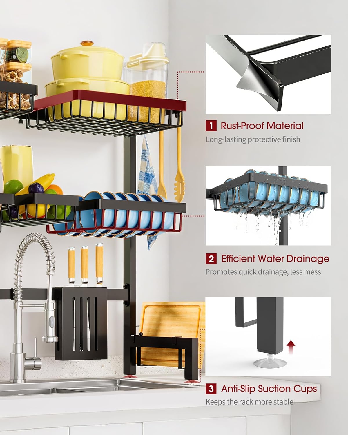 Sakugi Dish Drying Rack - Over The Sink Dish Drainer Drying Rack with Utensil & Knife Holder, Hooks