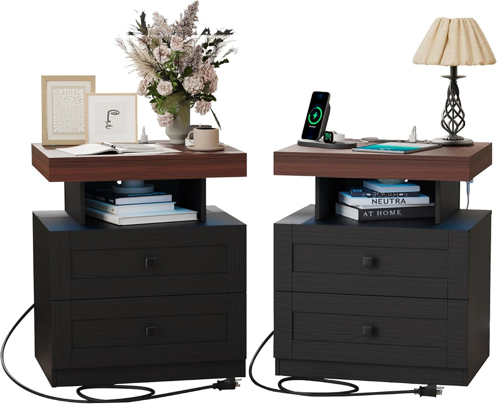 MHOM Farmhouse LED Nightstand Set of 2, Wood Bedroom Side Table with Charging Station
