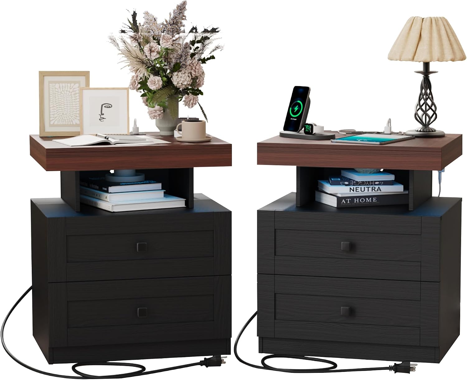 MHOM Farmhouse LED Nightstand Set of 2, Wood Bedroom Side Table with Charging Station