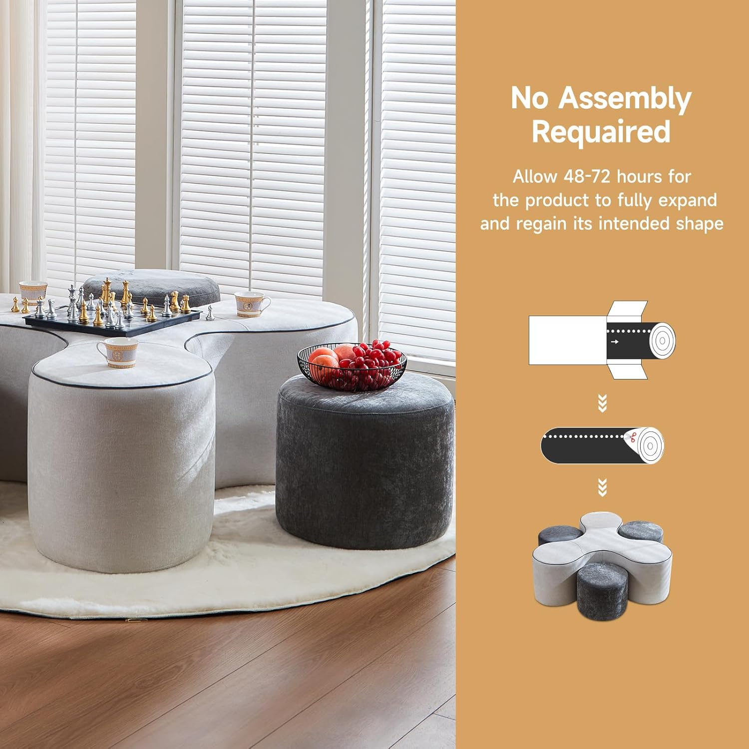 46" Modular Game Table Ottoman Set with 3 Stackable Stools, Y-Shape Space Saving Furniture