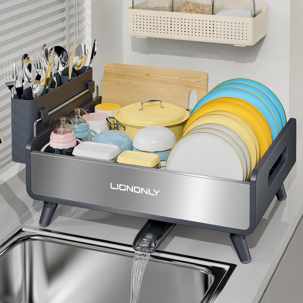 Dish Drying Rack with Drain Board, 304 Stainless Steel Core, Aluminum Rustproof Frame