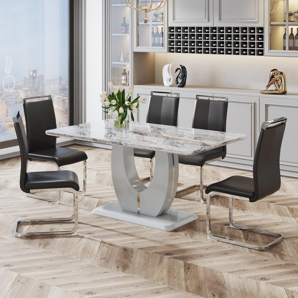 JUFU 7 Piece Dining Table Set for 6, 63 Inch Faux Marble Rectangular Kitchen Table and Chairs Set