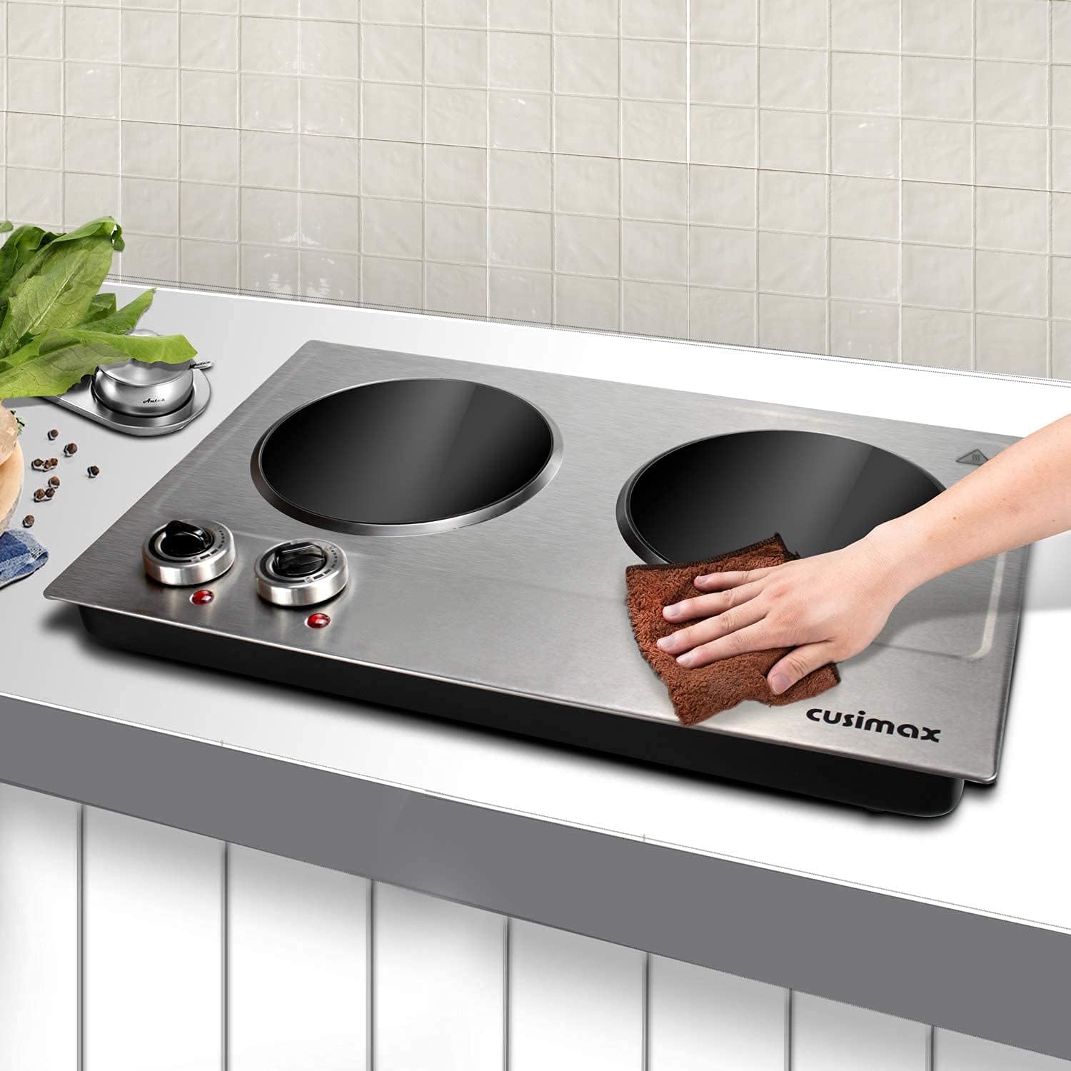 CUSIMAX 1800W Ceramic Electric Hot Plate for Cooking, Dual Control Infrared Cooktop, Double Burner,