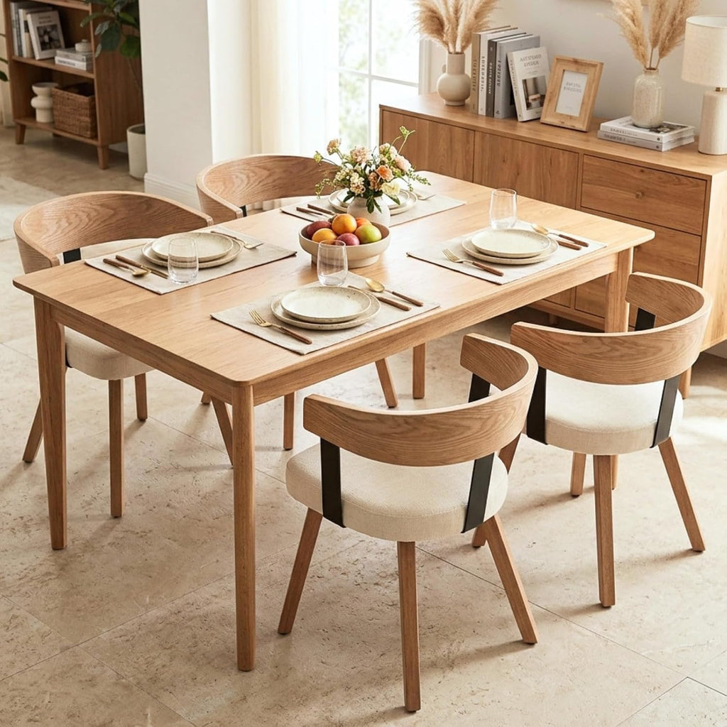 Wooden Dining Chairs Set of 4, Linen Fabric Upholstered Dining Room Chairs with Barrel Back, Modern Farmhouse Kitchen Chairs