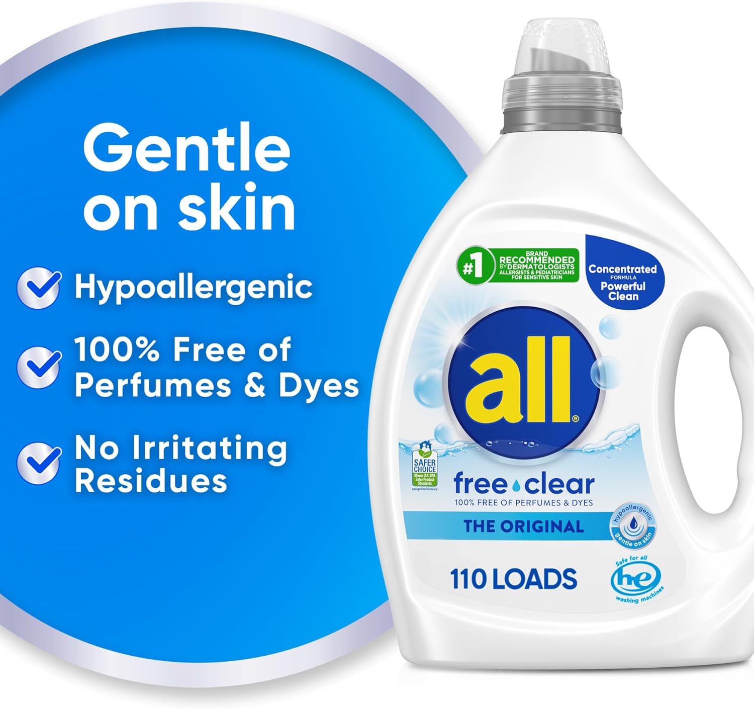 all free clear, Original, Liquid Laundry Detergent for Sensitive Skin, Unscented and Hypoallergenic