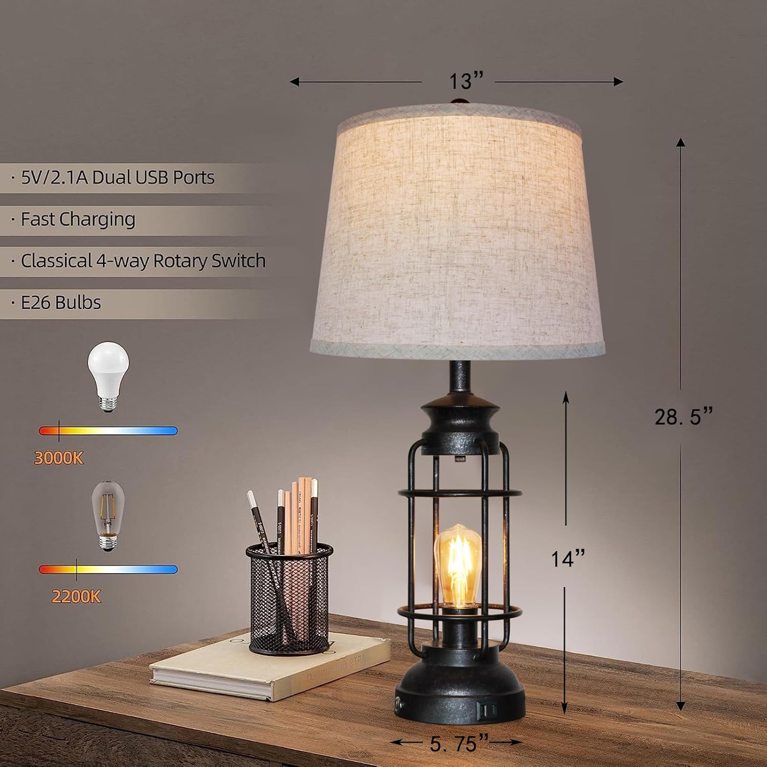 Table Lamps Set of 2 with USB Port 3 Way Dimmable Touch Lamps 28.5" Tall