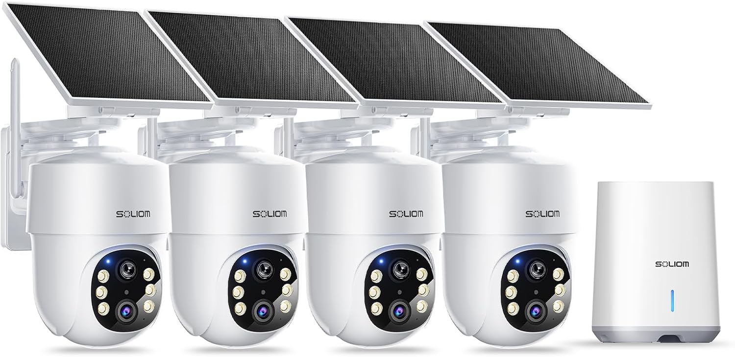 SOLIOM- 5MP Security Cameras Wireless Outdoor, No Subscription & Solar Powered,4-Cam