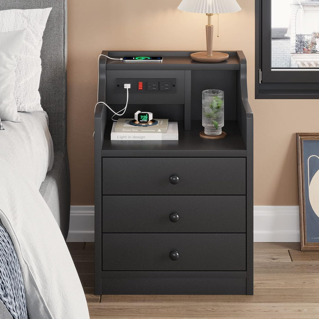 ADORNEVE Nightstand with Charging Station,Black Night Stand for Bedroom