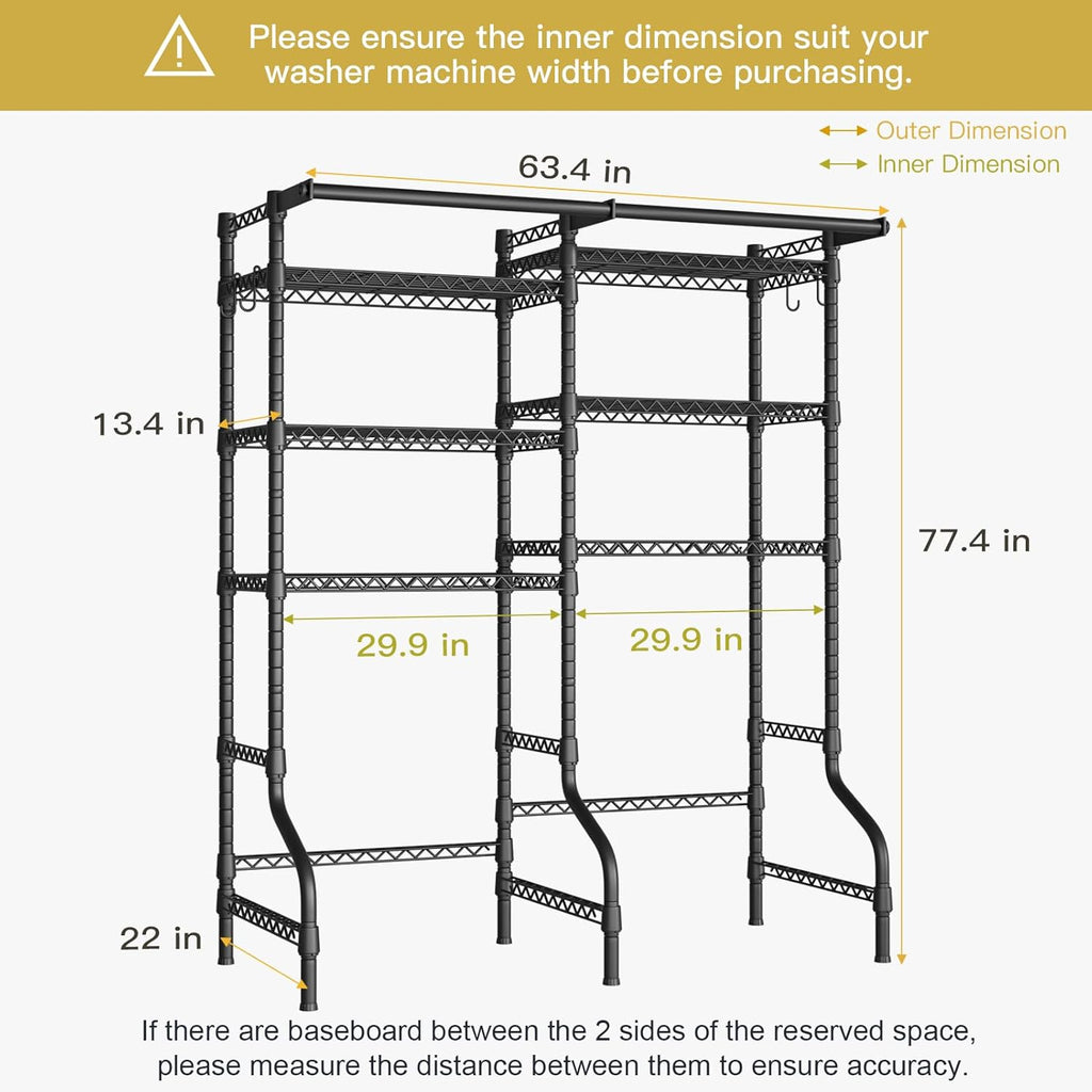 U13 Over Washer and Dryer Storage Shelves, 6 Tiers Laundry Room Standing Shelf with 2 Hanger Rods
