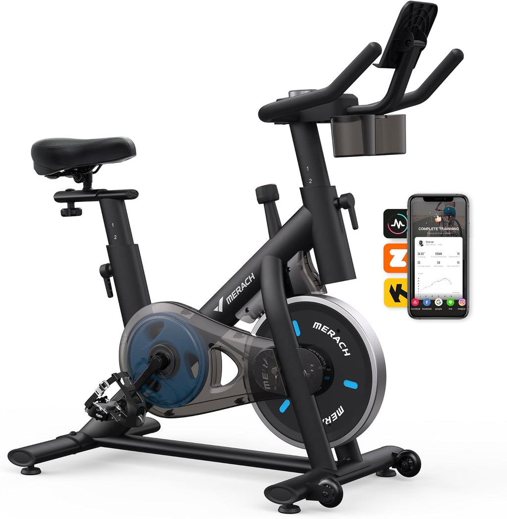 Merach Exercise Bike, Magnetic Friction Stationary Bike with Brake Pad and Exclusive App