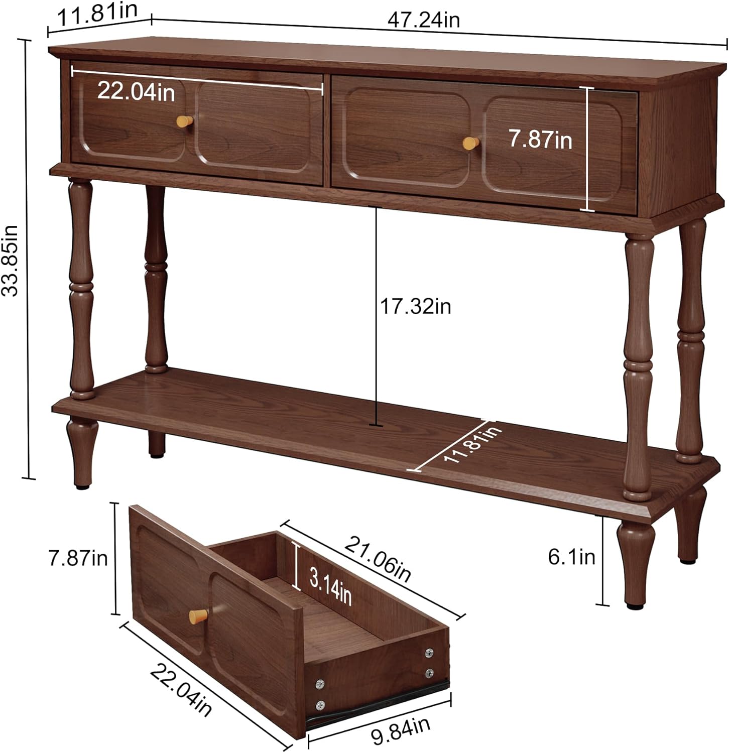 ARTPOWER Console Table with Drawers for Entryway, Mid-Century Entryway Table with Storage