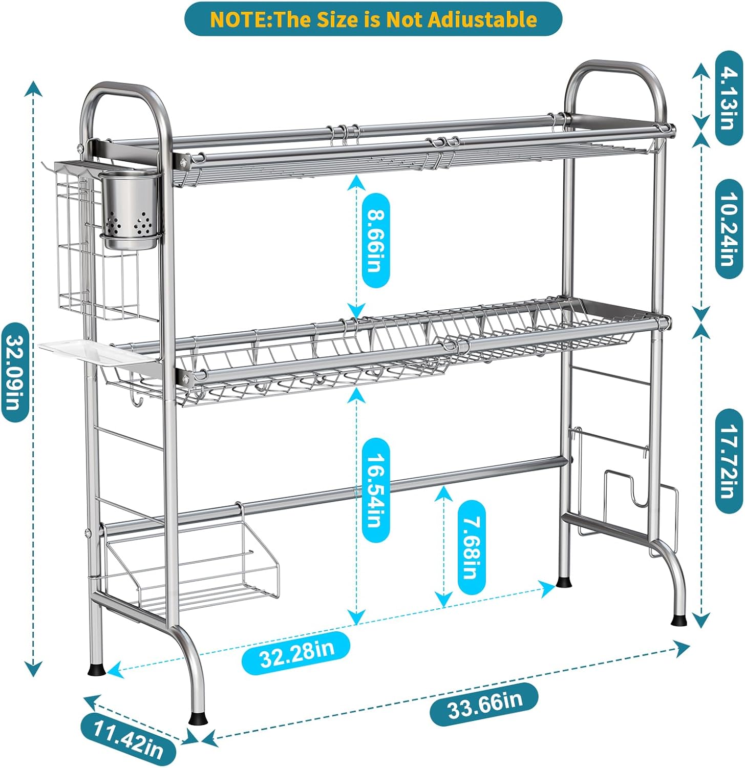 HOWDIA Stainless Steel 2-Tier Over The Sink Dish Drying Rack with Utensil Holder