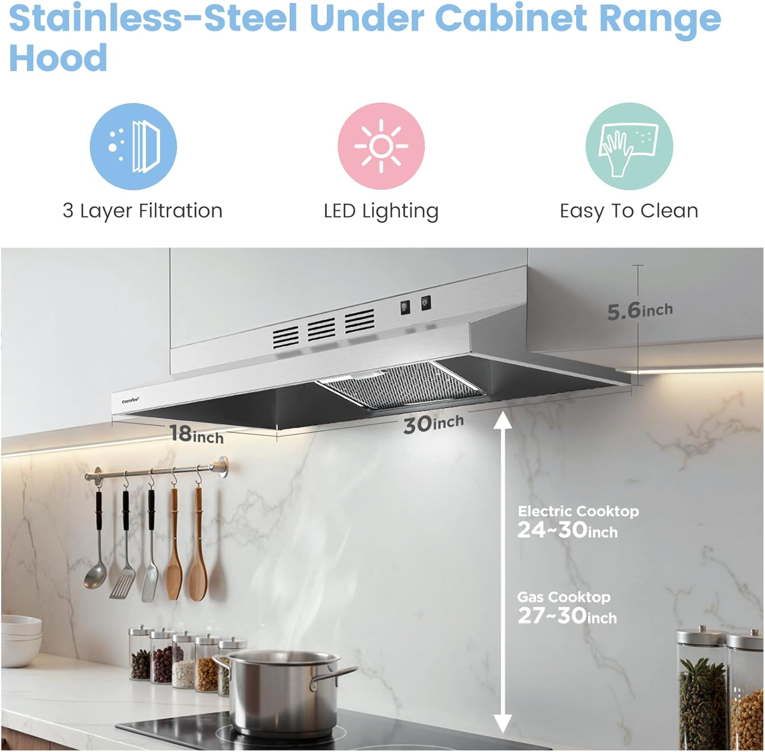 COMFEE' CVU30W2AST Range Hood 30 Inch Ducted Ductless Vent Hood Durable Stainless Steel