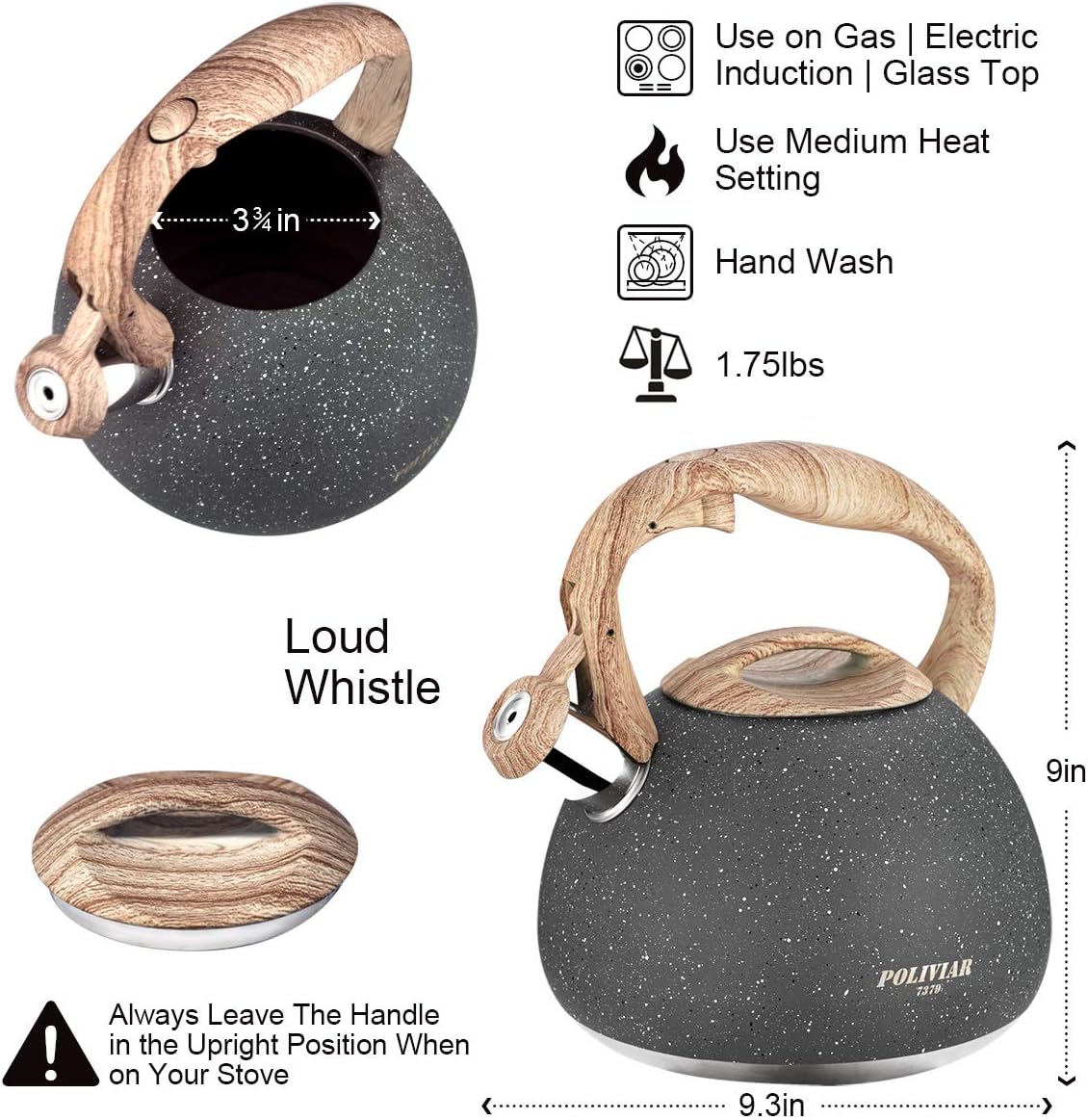 POLIVIAR Tea Kettle, 2.7 Quart Natural Stone Finish with Wood