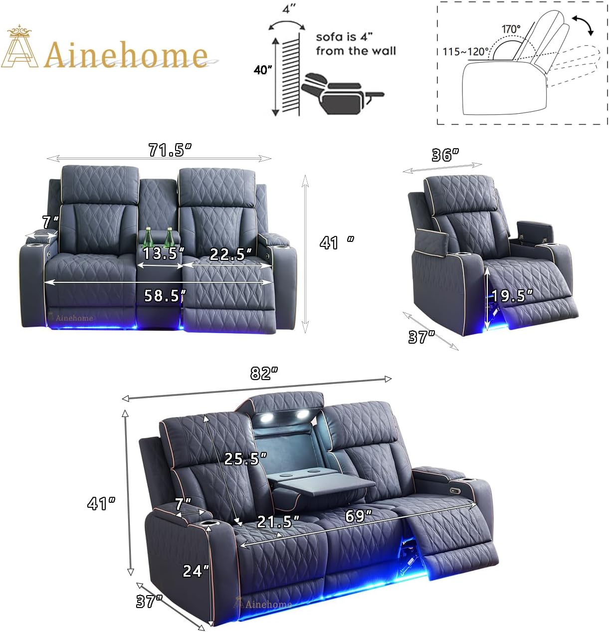 A Ainehome Sanded Leather Power Recliner Sofa Set with LED, 3 Pieces Living Room Furniture Sets