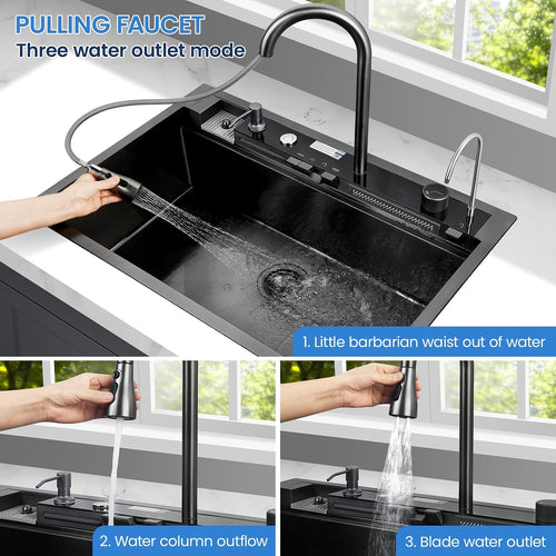 33x22 Inch Smart Waterfal Kitchen Sink Workstation, Gunmetal Black Drop-In Sink Handmade 16 Gauge Stainless Steel Single Bowl