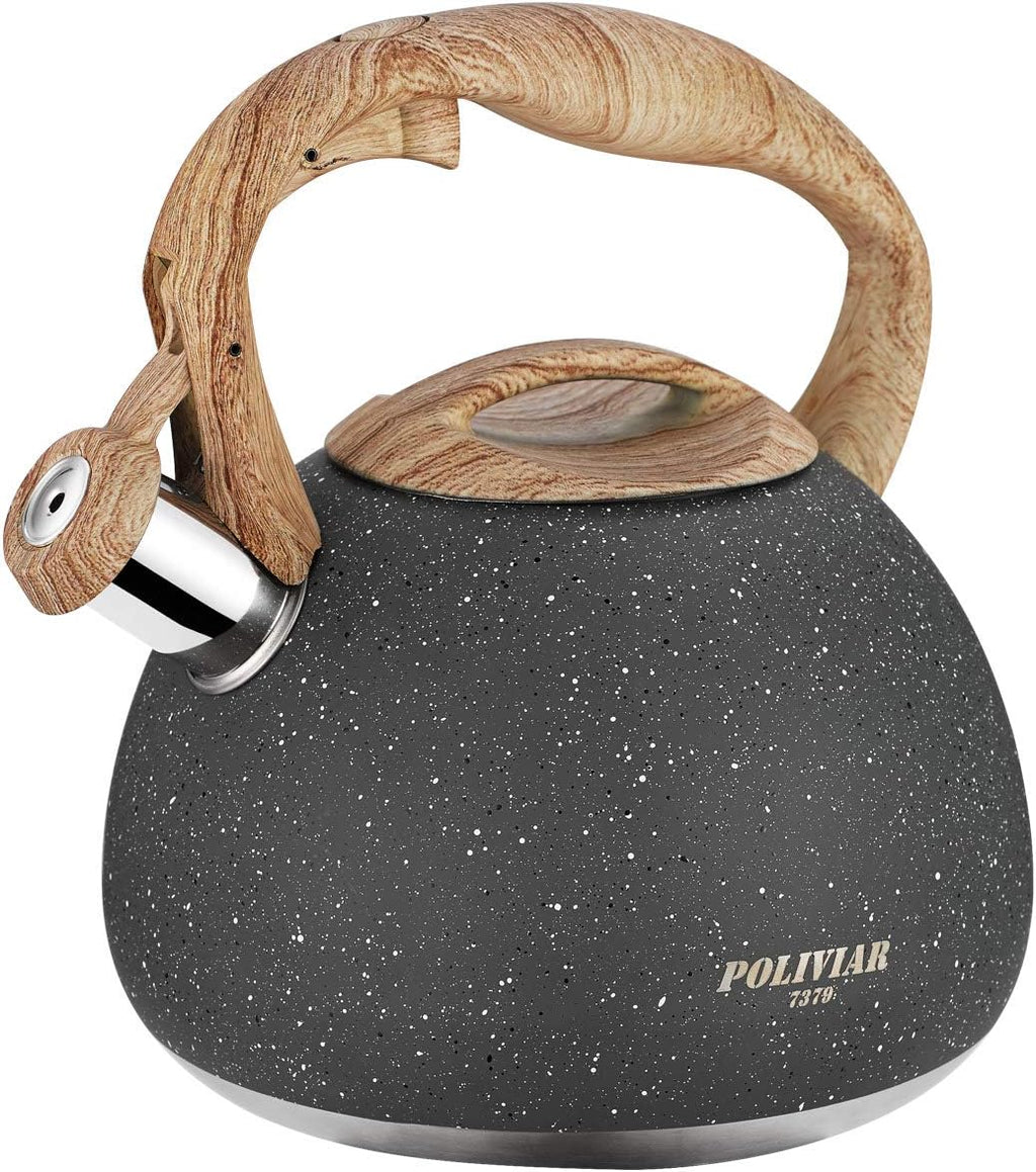 POLIVIAR Tea Kettle, 2.7 Quart Natural Stone Finish with Wood