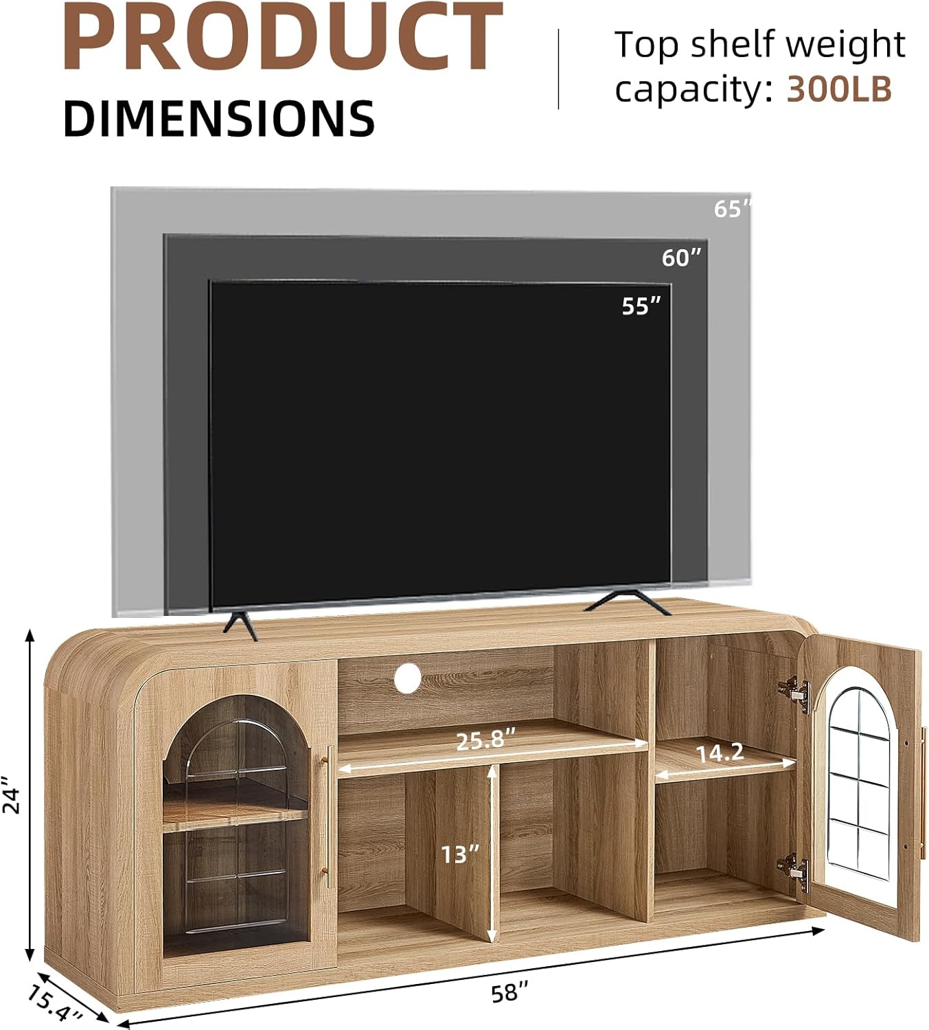 58" Curved TV Stand for TVs Up to 65", Modern Entertainment Center with Adjustable Shelves