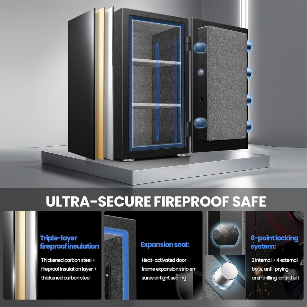 8.0Cuft Biometric True Fireproof Safe with LED & Alarm, 120LB | Fingerprint + keypad + keys for quick access