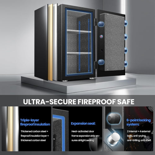 8.0Cuft Biometric True Fireproof Safe with LED & Alarm, 120LB | Fingerprint + keypad + keys for quick access