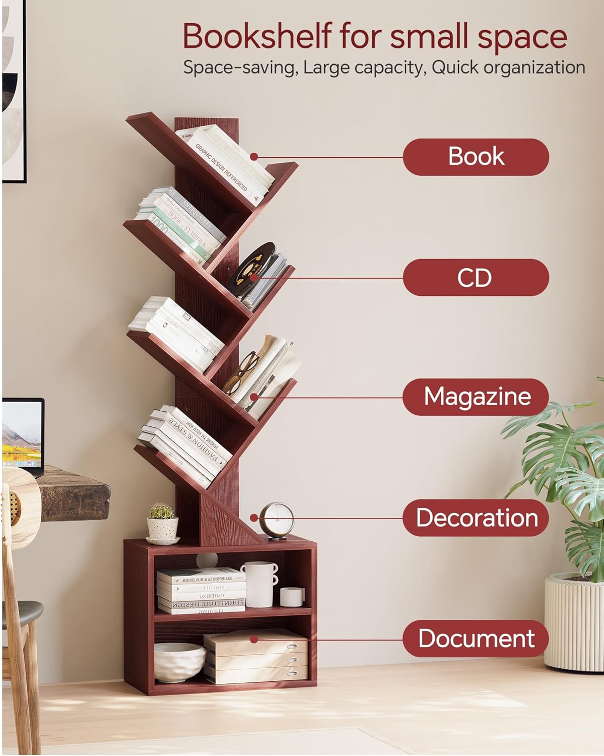 SUNMORY 6 Tier Tree Bookshelf, Tall Bookcase with Storage Cabinet