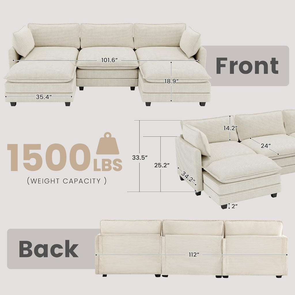 112'' Sectional Modular Cloud Couch, Oversized 5 Seat Couches U Shaped Sofa with 2 Movable Ottomans
